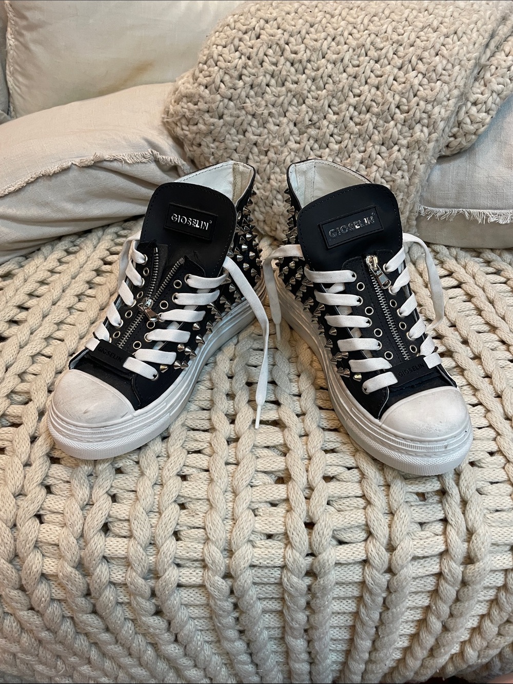 GIOSELIN Black Studded Platform Sneakers with White Soles size 38 new